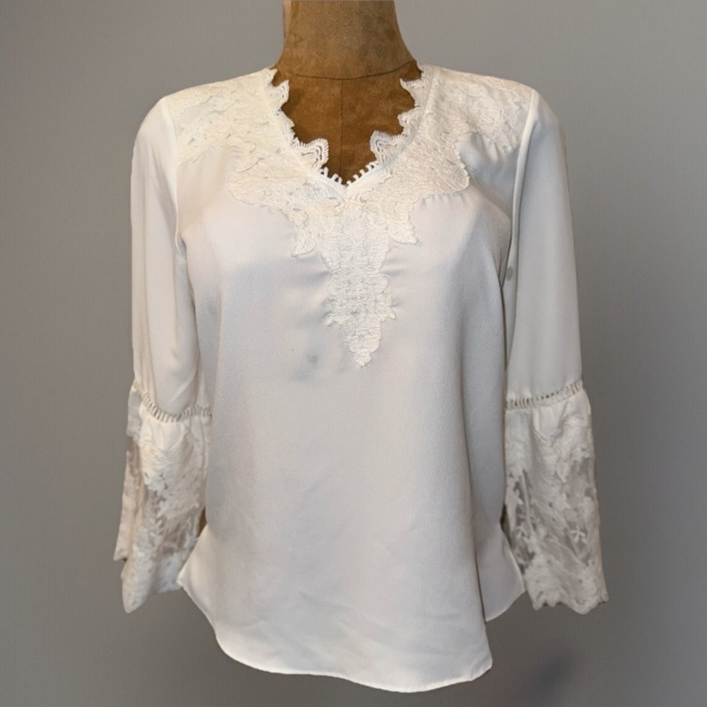 REBA White Blouse With Lace Trim & Sleeves, Silky, Bell Sleeves Top western S​​